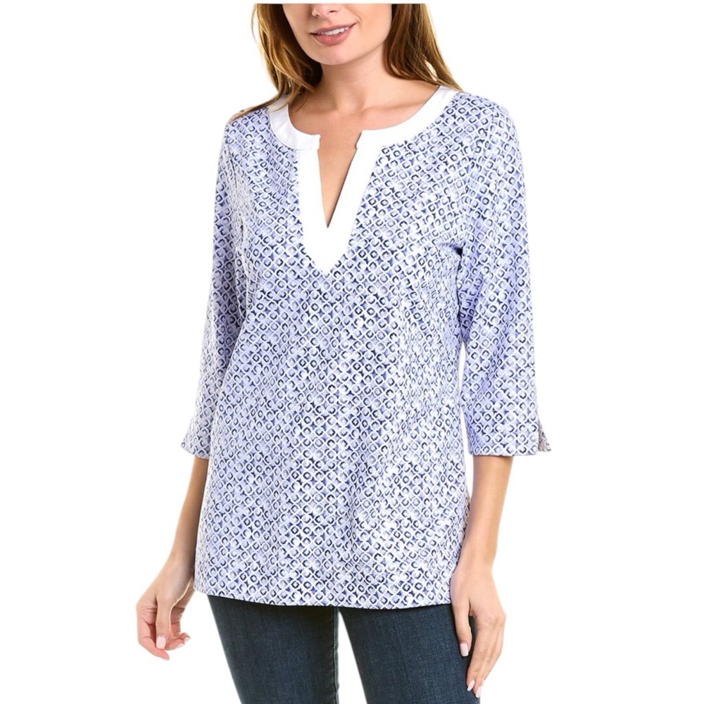 Tommy Bahama IslandZone Womens Tunic Top Blue White Geometric Split Neck‎ M